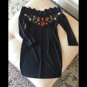 Off the shoulder embroidered body con dress
